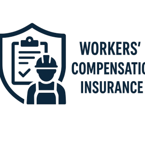 Graphic depicting a worker in a hard hat with a clipboard and shield labeled 'Workers' Compensation Insurance'.
