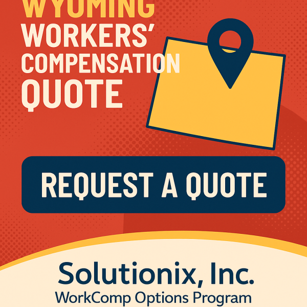 Graphic displaying a Wyoming workers' compensation quote with a location pin and a request button.